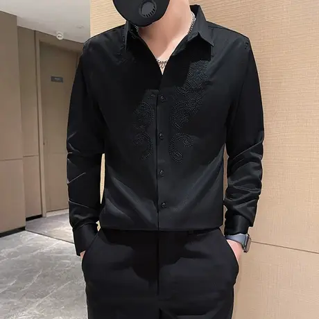 春秋季时尚休闲韩版修身长袖衬衫痞帅夜店发型师纯色职业衬衣上衣商品大图