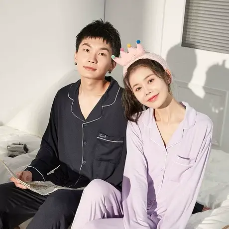 唐狮情侣睡衣女薄款春秋季新款长袖大码可外穿家居服男女两件套装图片