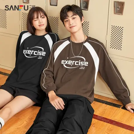 直播秒杀三福长袖T恤2024新款秋季撞色拼接圆领套头纯棉宽松美式图片