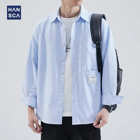hansca蓝色衬衫男高级感2023年春季潮牌美式休闲慵懒纯棉衬衣外套商品大图