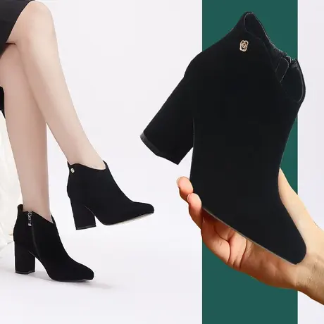 秋冬新款百搭女鞋女靴冬靴子短靴粗跟高跟鞋加绒卡其色鞋子女商品大图