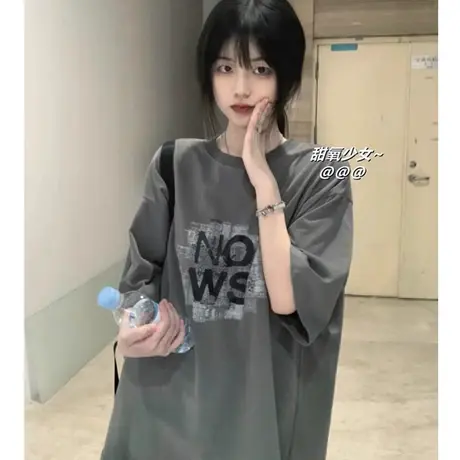 纯棉正肩短袖t恤女2024年新款夏装小众大版宽松小个子半袖上衣服商品大图