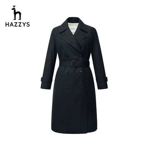 Hazzys哈吉斯春季新款经典双排扣女士英伦风衣休闲中长款气质外套图片
