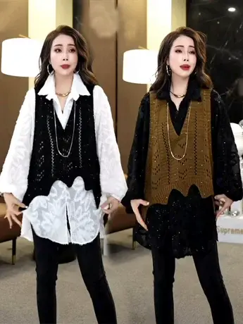 高级感叠穿镂空针织马甲衬衫女2024春秋韩版时尚百搭打底马夹上衣商品大图