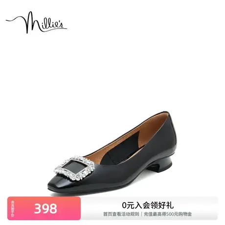 妙丽晚晚鞋春季季新款时尚漆牛皮法式饰扣浅口低跟女单鞋SEK13CQ3商品大图