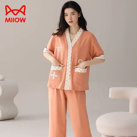 猫人睡衣女士夏季纯棉短袖七分裤2023新款夏天薄款全棉家居服套装图片