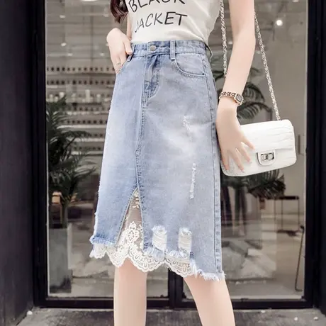 牛仔裙半身裙女时尚春夏新款包臀A字裙复古高腰蕾丝开叉牛仔短裙9图片