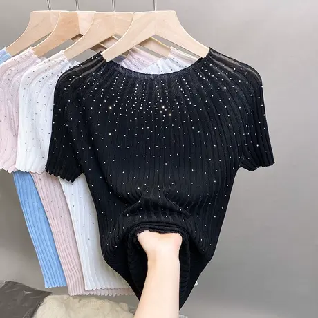圆领薄款冰丝针织衫女2023春夏秋新款蝙蝠衫外穿镂空短袖t恤衫潮商品大图