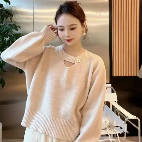 2022秋冬新款打底衫女士韩系简约气质百搭套头慵懒ins针织衫毛衣图片