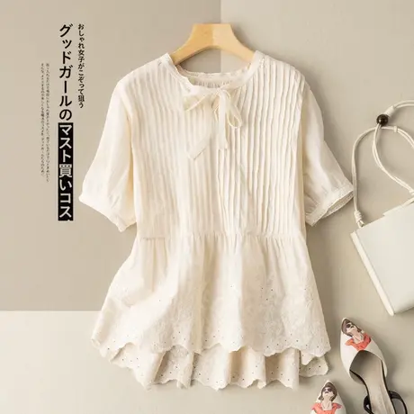 全棉褶皱法式娃娃衫2022春夏新款文艺衬衫复古上衣设计感小众小衫图片