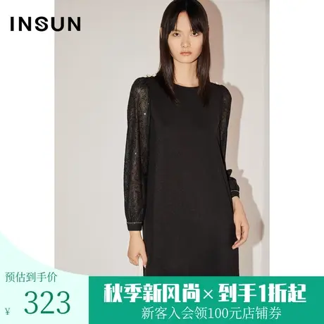 [匠心系列]恩裳COVER春秋季优雅拼接网纱蕾丝袖金葱光泽连衣裙图片