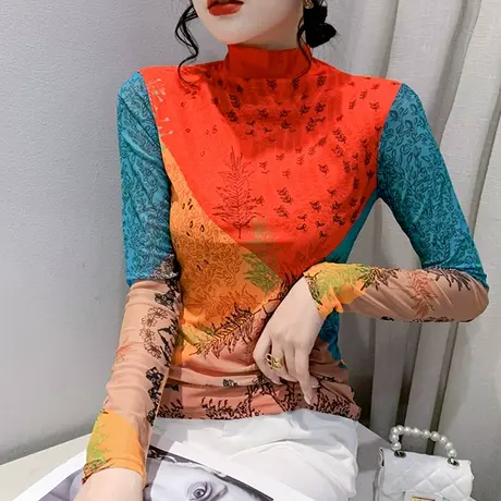 2023秋冬新款网纱打底衫女内搭洋气半高领上衣时尚印花长袖T恤ins商品大图