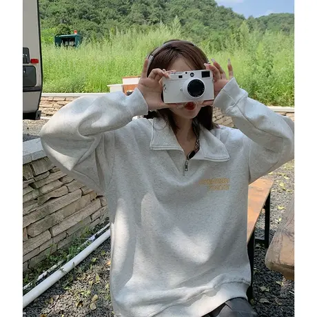 灰色纯棉卫衣女2023新款爆款春秋季美式宽松半拉链polo领套头外套商品大图