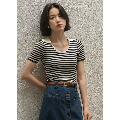 弥古黑色条纹冰丝针织上衣女夏季修身薄款法式正肩短袖t恤高级感图片
