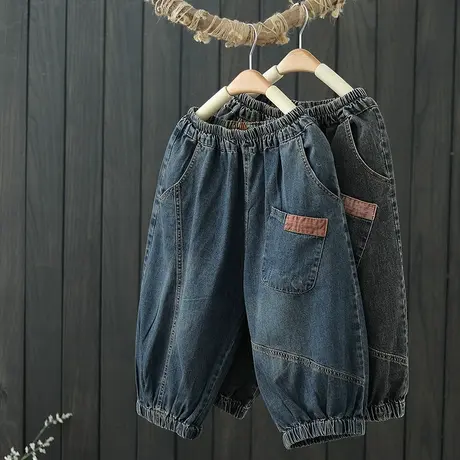 文艺复古拼接水洗五分牛仔裤夏季新款女装宽松显瘦哈伦灯笼裤中裤图片