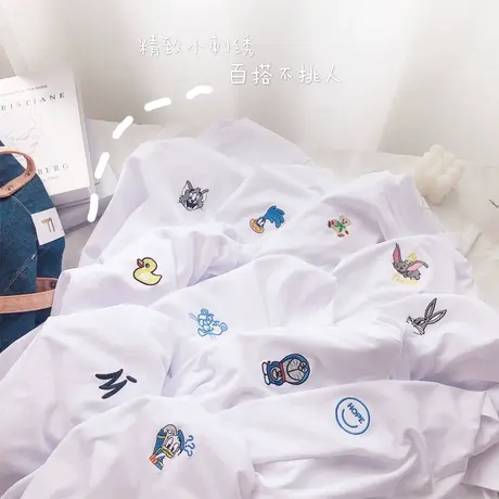 ins夏季潮短袖女2021新款韩国东大门小众设计感纯白色棉质刺绣T恤商品大图