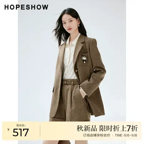 红袖outlets复古格纹休闲西装hopeshow2023秋新款通勤职场短外套商品大图
