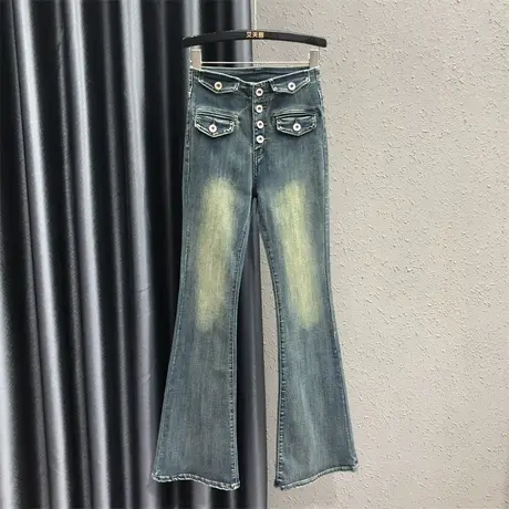 怀旧复古高腰多纽扣设计感牛仔裤女2023秋季新款修身显瘦微喇长裤商品大图