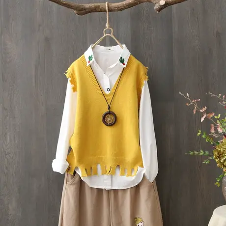 小香风马甲坎肩女外穿毛边V领套头马夹外套女短款宽松休闲毛背心图片