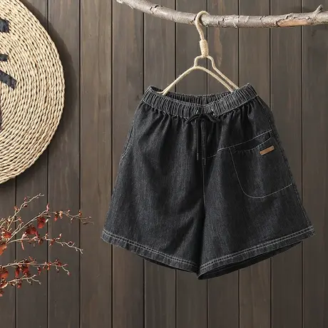 枫谜2022年夏季新款文艺复古贴标牛仔短裤女松紧腰系带牛仔直筒裤图片