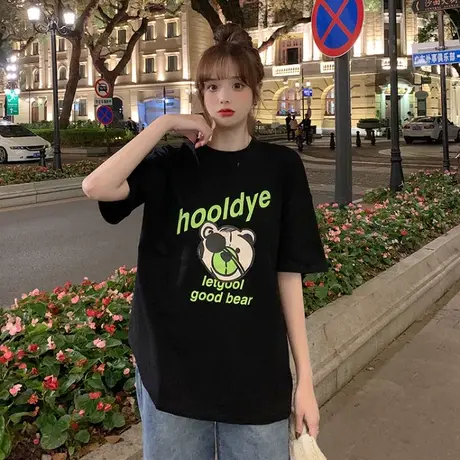 白色上衣女2023年新款韩版宽松显瘦小熊印花短袖t恤内搭打底衫潮图片