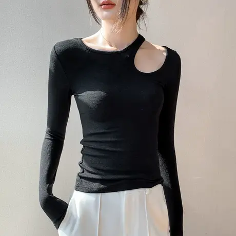 法式镂空领长袖针织衫女2023秋冬新品修身显瘦棉设计感小众打底衫商品大图