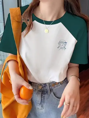 撞色拼接米色卡通印花仿棉短袖t恤女2023夏新款ins学院风正肩半袖商品大图
