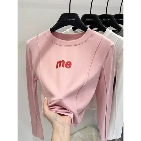 ins小个子短款长袖磨毛T恤女秋季韩版修身显瘦打底小衫体恤上衣潮图片