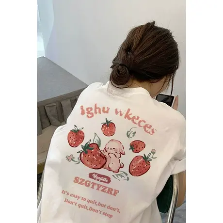 纯棉重磅设计感兔子印花短袖t恤女春夏2023新款潮牌小众宽松上衣图片