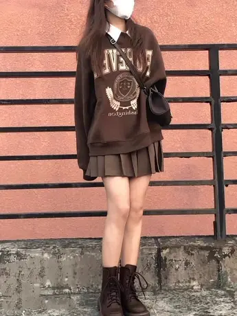 韩系chic大码薄款学院风咖色无帽卫衣女ins潮牌百搭小众外套上衣图片