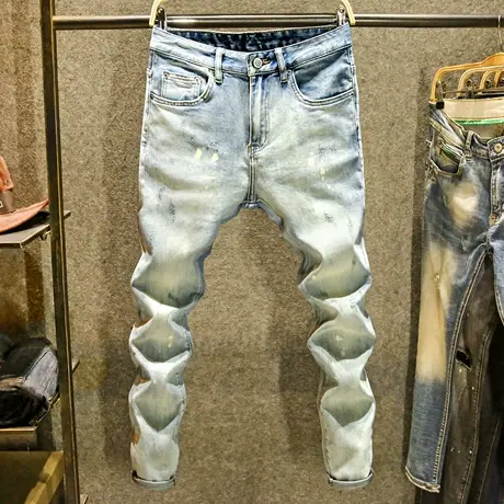 高街漆点牛仔裤男款浅蓝色弹力修身长裤复古水洗猫须耐磨小脚裤子商品大图