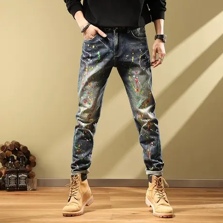 春秋款欧货漆点牛仔裤男高街潮牌长裤裤韩版个性潮流修身小脚男裤商品大图