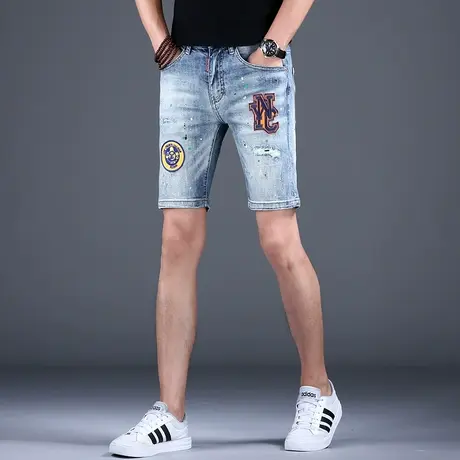 2023新款破洞刺绣牛仔短裤男春秋男款五分裤子男休闲中裤高端潮牌图片