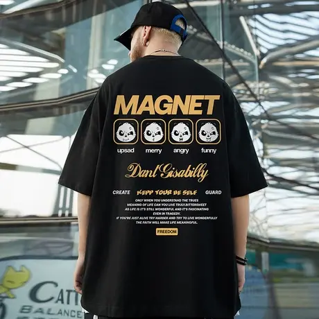 oversize欧美潮牌胖子男装大码国潮纯棉宽松熊猫短袖T恤潮流半袖商品大图