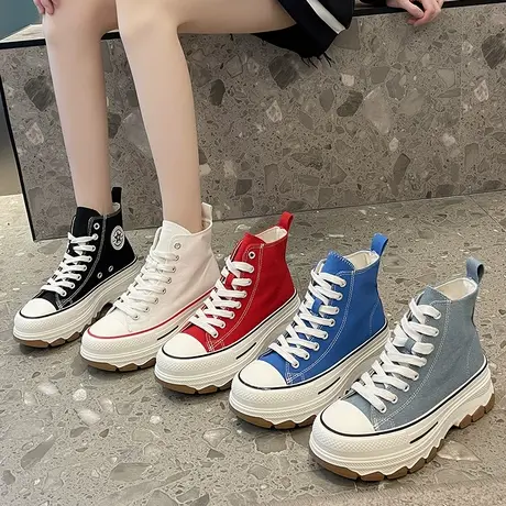 厚底高帮帆布鞋女2023新款韩版运动休闲鞋增高系带圆头板鞋小白鞋商品大图