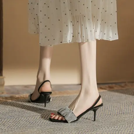 凉鞋女2023年百搭新款一字带露趾时装鞋法式水钻高跟鞋细跟商品大图