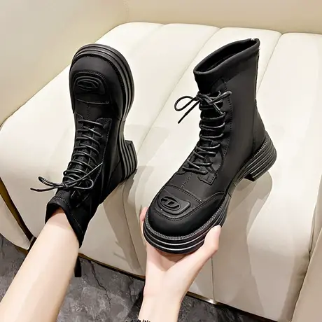 厚底英伦风马丁靴2023爆款春秋单靴粗跟百搭时尚绑带瘦瘦靴子短靴商品大图