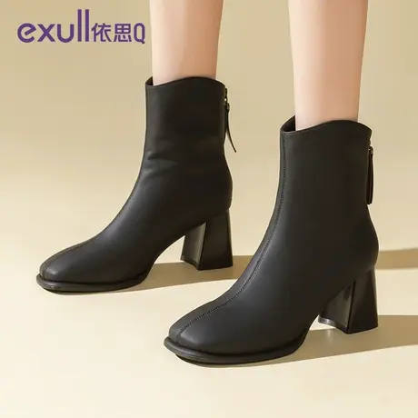 exull/依思Q短靴女2023冬季新款后拉链高跟靴子黑色显瘦切尔西靴图片