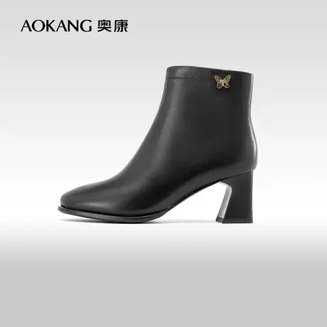 奥康女鞋 2023冬季新款时尚方头粗跟气质简约真皮女士切尔西短靴图片
