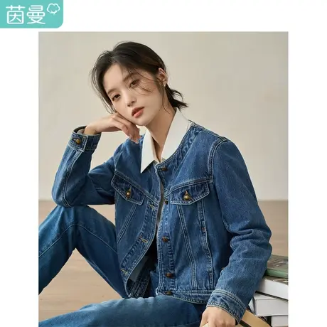 【商场同款】茵曼复古牛仔外套2023秋季女装新款圆领长袖显瘦上衣图片