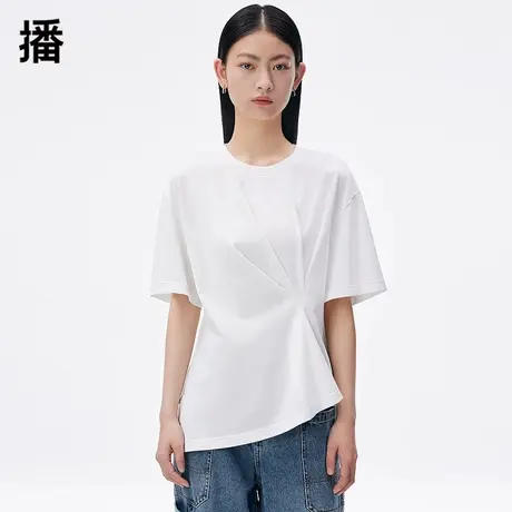 播2024春季新款简约纯色不规则下摆圆领短袖T恤女上衣DDQ3YD5046商品大图