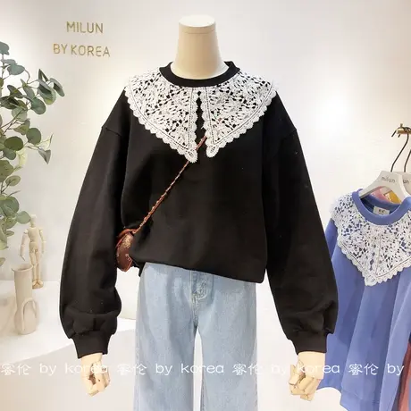 蕾丝娃娃领上衣2020秋冬款韩国东大门纯色加厚加绒卫衣打底衫保暖商品大图