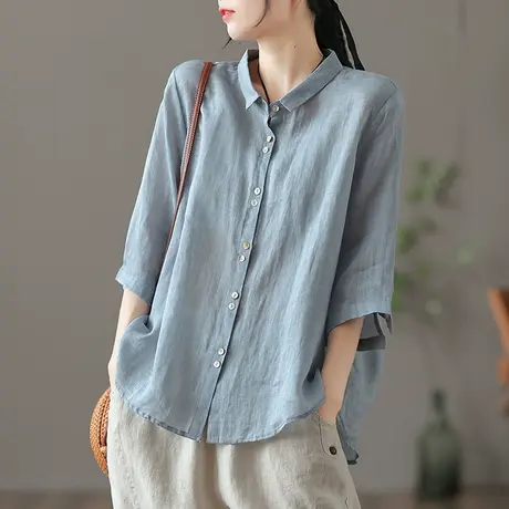dza 复古七分袖苎麻上衣女士短袖衬衣2022夏薄款宽松白色棉麻衬衫图片