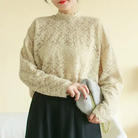 胖妹妹秋季新品弹性蕾丝半高领打底衫大码我微胖宽松漂亮内搭上衣商品大图