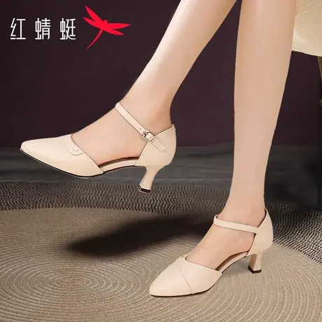 红蜻蜓女鞋2025春天新款中空一字带真皮尖头凉鞋包头细跟高跟鞋女图片