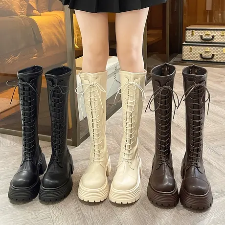 马丁靴厚底显瘦系带高筒靴子长筒骑士靴女2023秋季新款小个子长靴图片