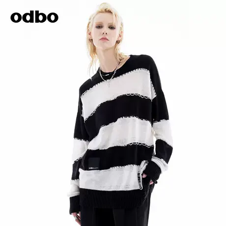 odbo/欧迪比欧时尚慵懒风上衣女2024秋季新款大码针织衫黑白卫衣商品大图