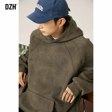 男生绿色刺绣卫衣男春季麂皮绒2025新款外套美式复古上衣春款衣服商品大图