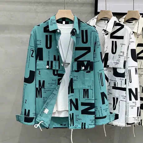 纯棉满花日系oversize工装衬衫男春秋季长袖衬衣休闲薄款夹克外套图片