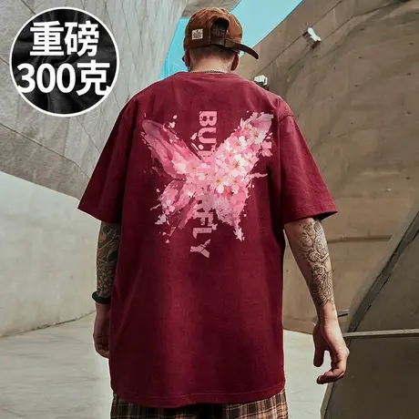 酒红色重磅美式潮牌宽松情侣T恤短袖加肥加大码男装半袖夏季潮流商品大图